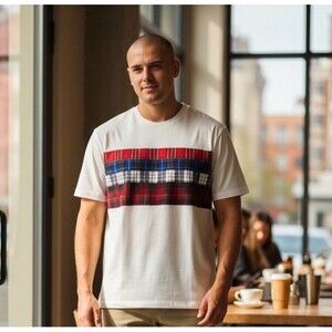 NWT Tommy Hilfiger Tartan Plaid Patchwork Strip T Shirt XL Rare Hilfiger Edition